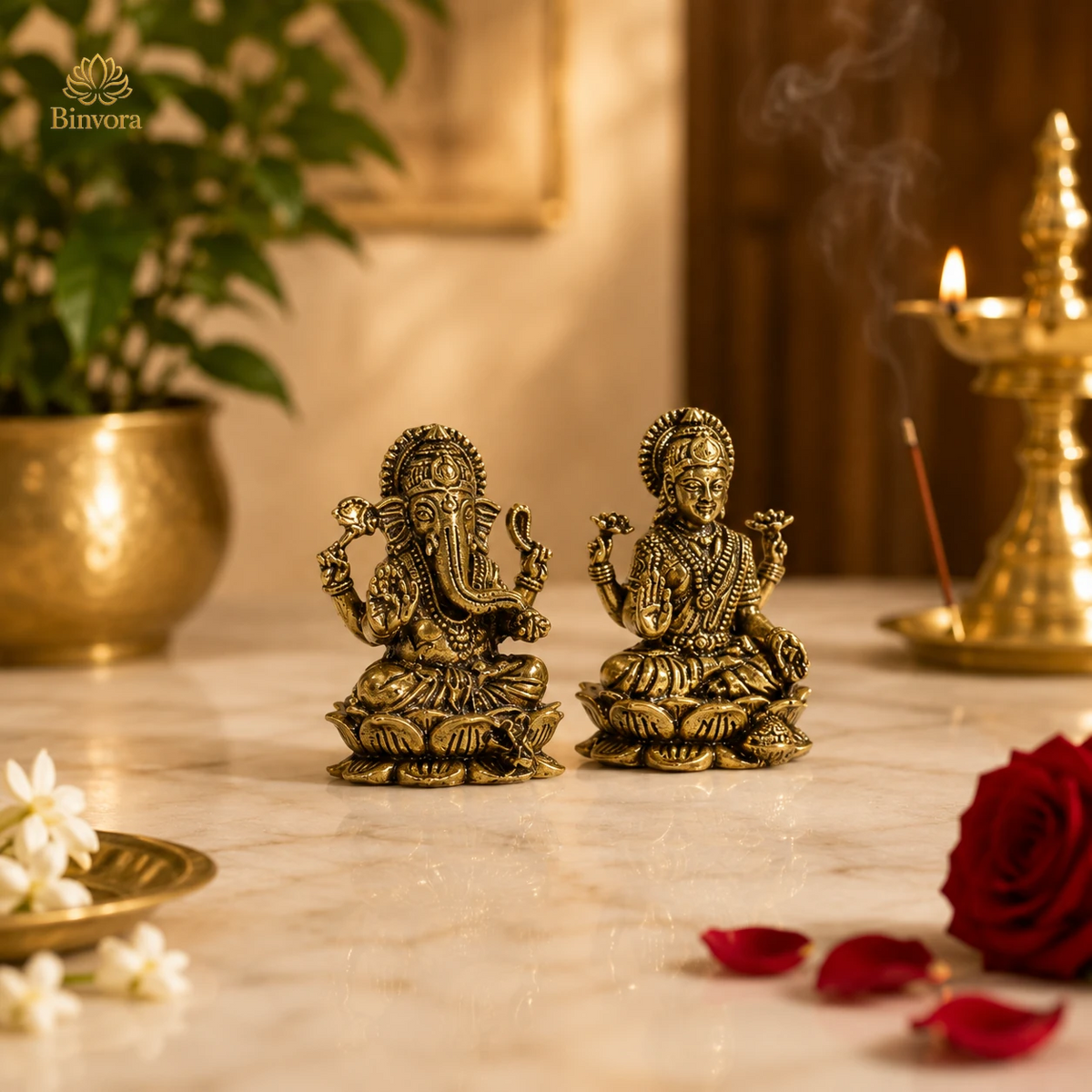 Mini Brass 1 Inch Lakshmi Ganesh Idol Set for Diwali Puja, Home Temple & Spiritual Décor