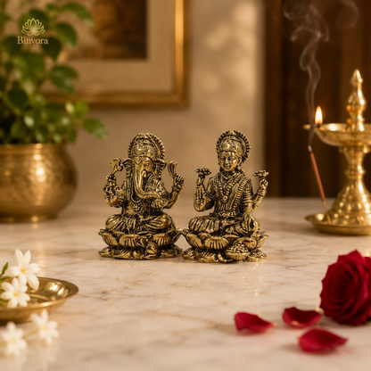 Mini Brass 1 Inch Lakshmi Ganesh Idol Set for Diwali Puja, Home Temple & Spiritual Décor