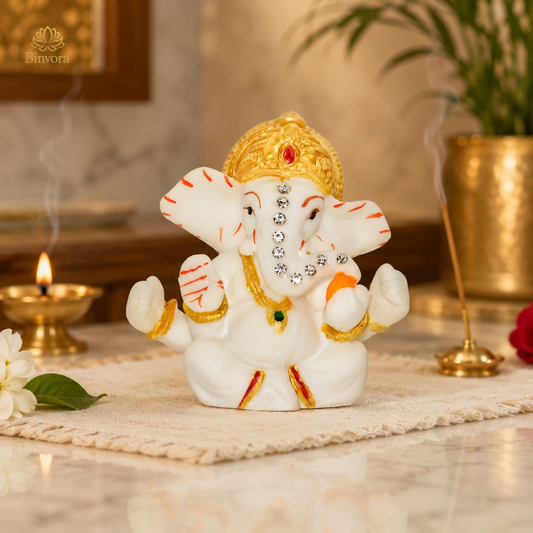 Marble Dust Matte Finish | Mukut Ganpati Bappa Murti for Pooja Temple, Home & Car Dashboard