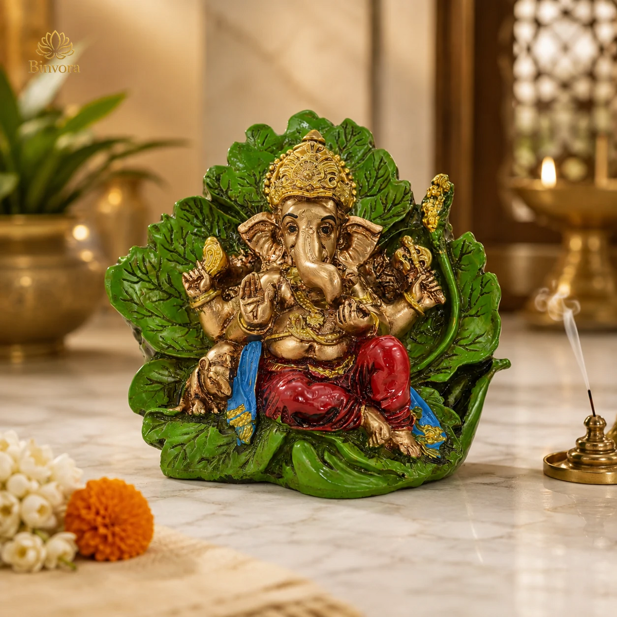 3.7 Inch Lord Ganesha on Leaf Resin Idol – Hand-Painted Ganpati Murti for Home Temple, Office Desk, Vastu Decor & Spiritual Gift