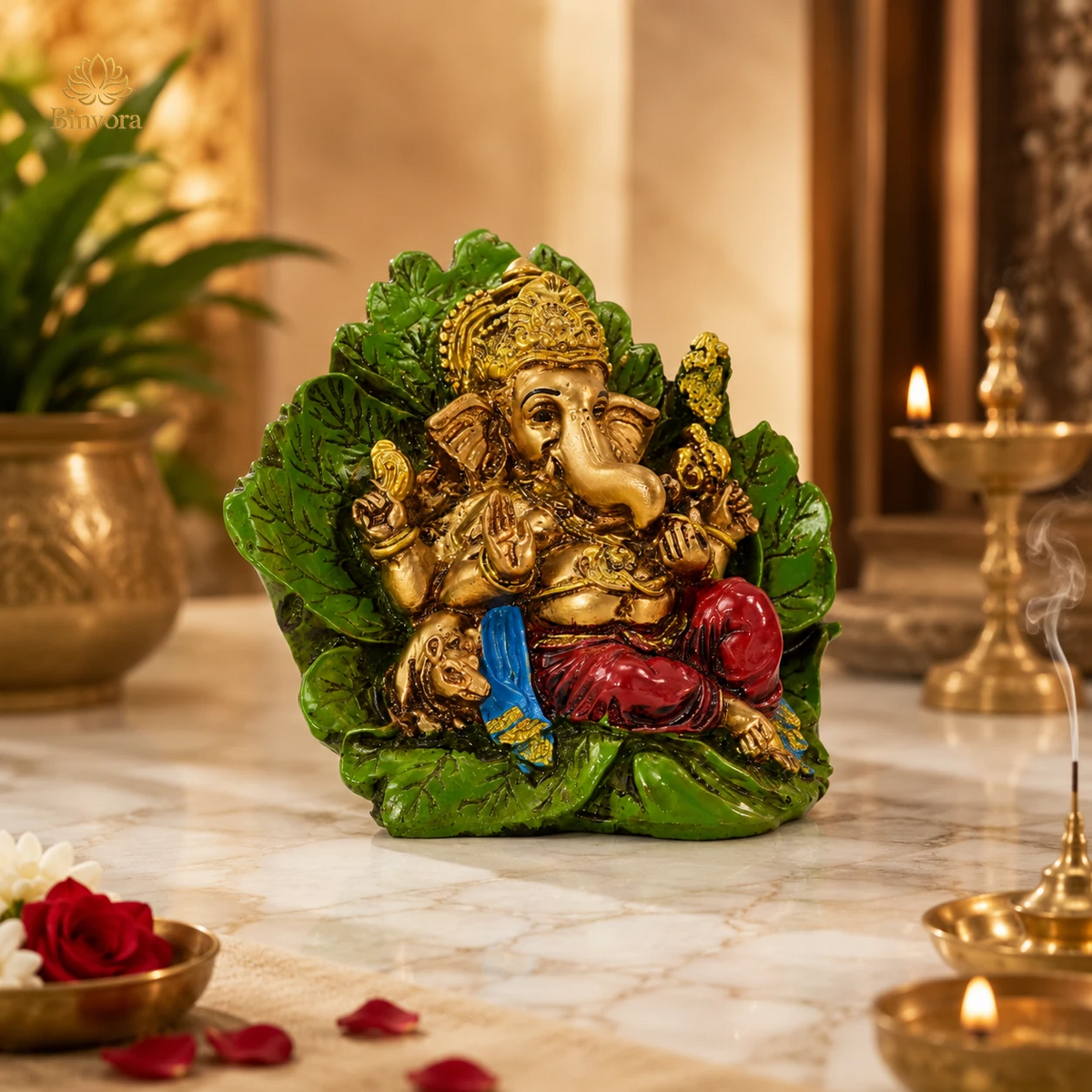 3.7 Inch Lord Ganesha on Leaf Resin Idol – Hand-Painted Ganpati Murti for Home Temple, Office Desk, Vastu Decor & Spiritual Gift