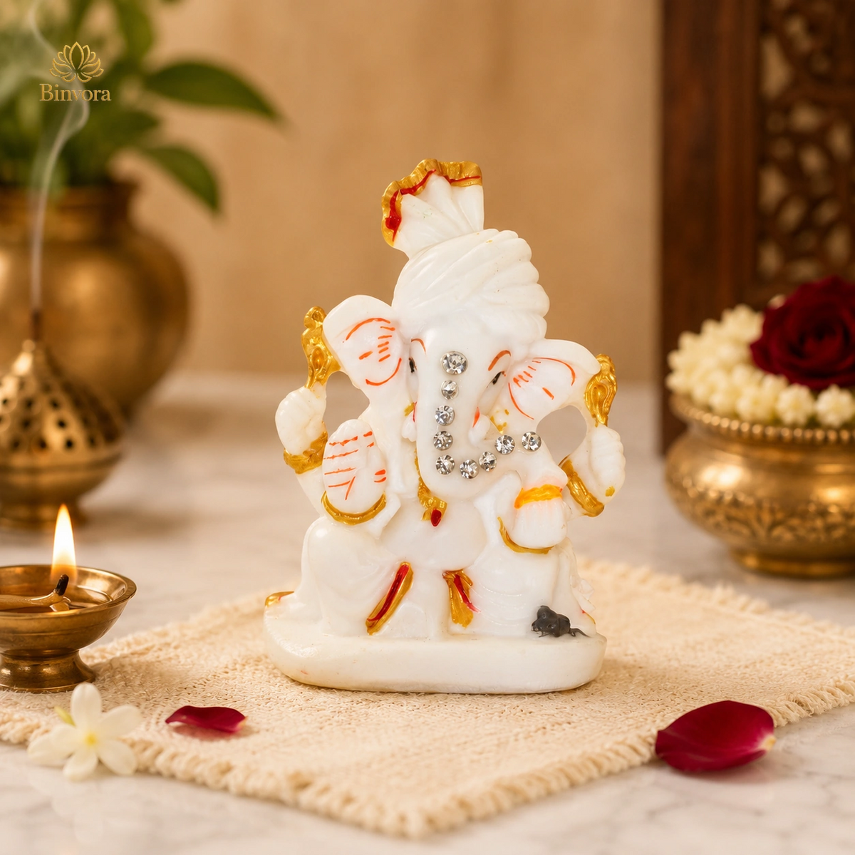 Marble Dust Matte Finish Lord Pagdi Ganesh Murti for Home Temple, Office& Gifting.