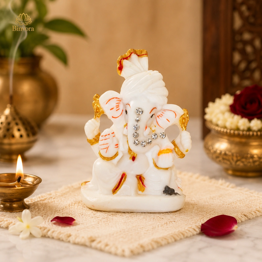 Marble Dust Matte Finish Lord Pagdi Ganesh Murti for Home Temple, Office& Gifting.