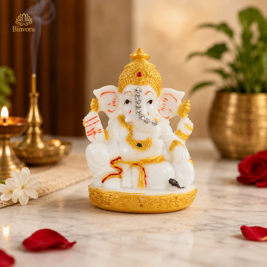 Marble Dust Matte Finish Lord Ganesh Idol for Home Temple, Diwali Gift.
