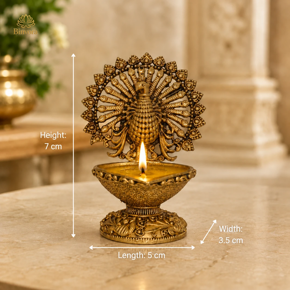 Handcrafted Pure Brass 2.7 Inch Peacock Diya – Traditional Oil Lamp for Pooja Room, Mandir, Diwali Décor & Housewarming Gifts