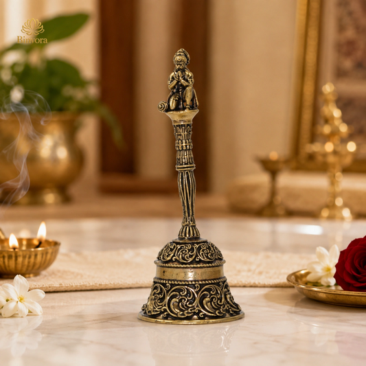 Antique Brass 4 Inch  Lord Hanuman Hand Bell – Traditional Pooja Bell | Spiritual Décor | Gifting.