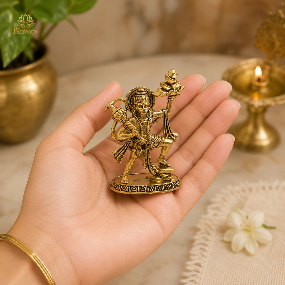Handcrafted Brass 2.3Inch Lord Hanuman Idol With Sanjeevani Parvat | Bajrangbali Statue for Home Temple, Pooja & Vastu Décor