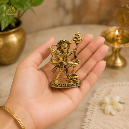 Handcrafted Brass 2.3Inch Lord Hanuman Idol With Sanjeevani Parvat | Bajrangbali Statue for Home Temple, Pooja & Vastu Décor