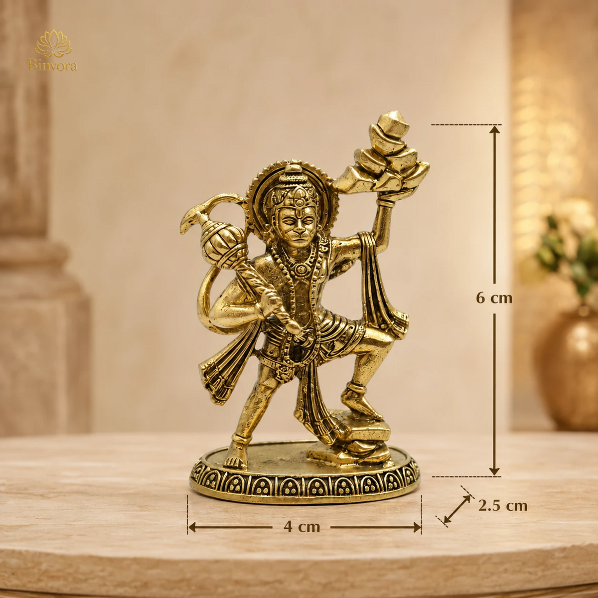 Handcrafted Brass 2.3Inch Lord Hanuman Idol With Sanjeevani Parvat | Bajrangbali Statue for Home Temple, Pooja & Vastu Décor