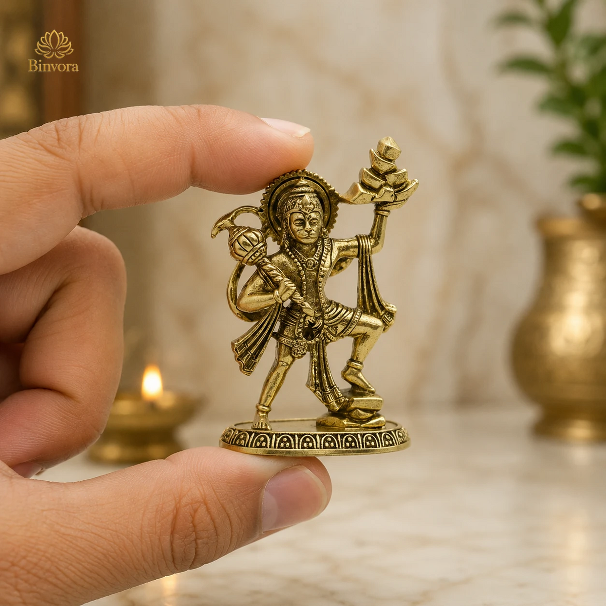 Handcrafted Brass 2.1 Inch Lord Hanuman Idol With Sanjeevani Parvat | Bajrangbali Statue for Home Temple, Pooja & Vastu Décor