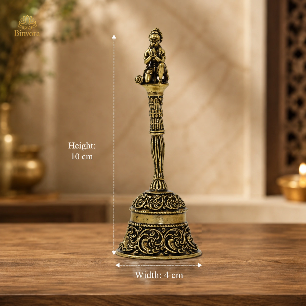 Antique Brass 4 Inch  Lord Hanuman Hand Bell – Traditional Pooja Bell | Spiritual Décor | Gifting.