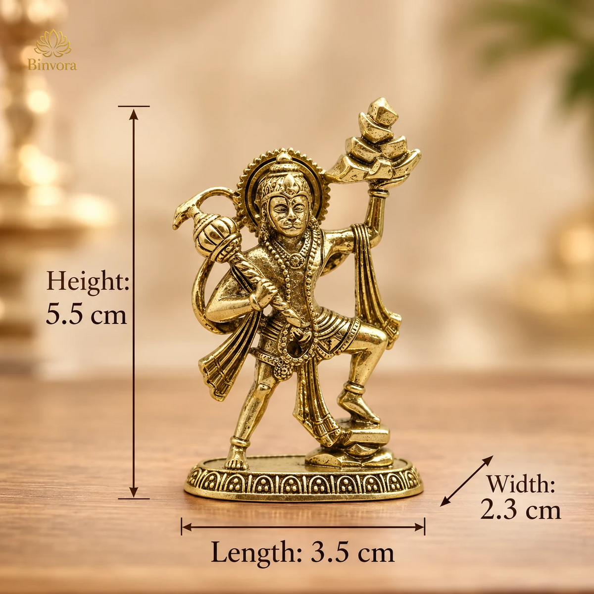 Handcrafted Brass 2.1 Inch Lord Hanuman Idol With Sanjeevani Parvat | Bajrangbali Statue for Home Temple, Pooja & Vastu Décor