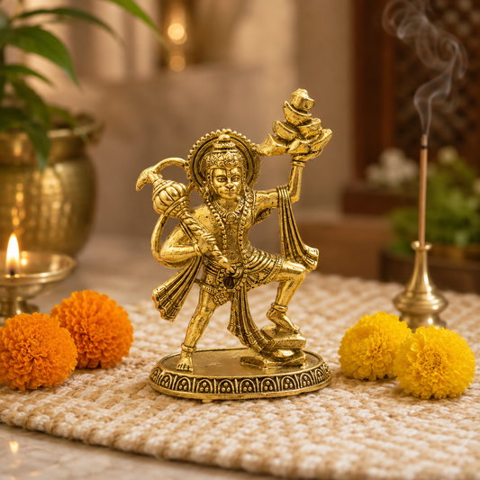 3.4 Inch Brass Lord Hanuman Idol Carrying Sanjeevani Parvat for Home Temple & Pooja | Handcrafted Murti.