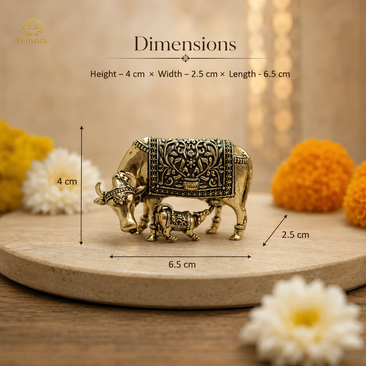 Brass Kamdhenu Cow and Calf Statue | Pital Gau Bachda Murti for Good Luck