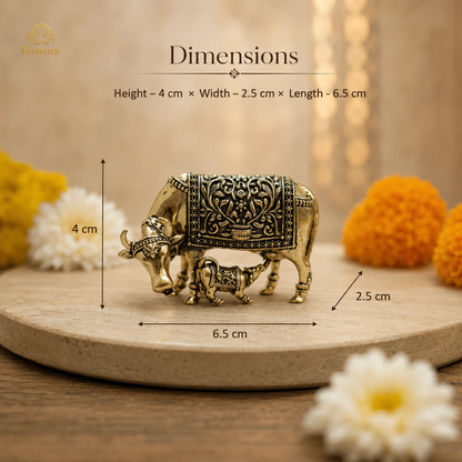 Brass Kamdhenu Cow and Calf Statue | Pital Gau Bachda Murti for Good Luck