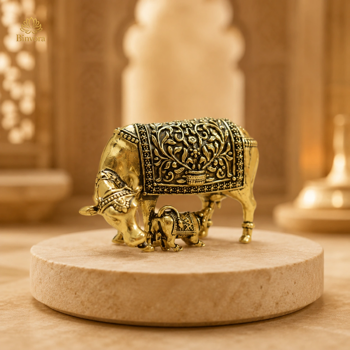 Brass Kamdhenu Cow and Calf Statue | Pital Gau Bachda Murti for Good Luck