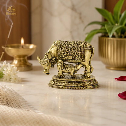 Kamdhenu Cow Brass Idol – Mini Decorative Statue for Prosperity & Home Décor - 3 cm Compact Idol