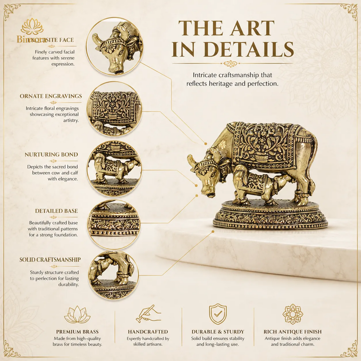 Kamdhenu Cow Brass Idol – Mini Decorative Statue for Prosperity & Home Décor - 3 cm Compact Idol