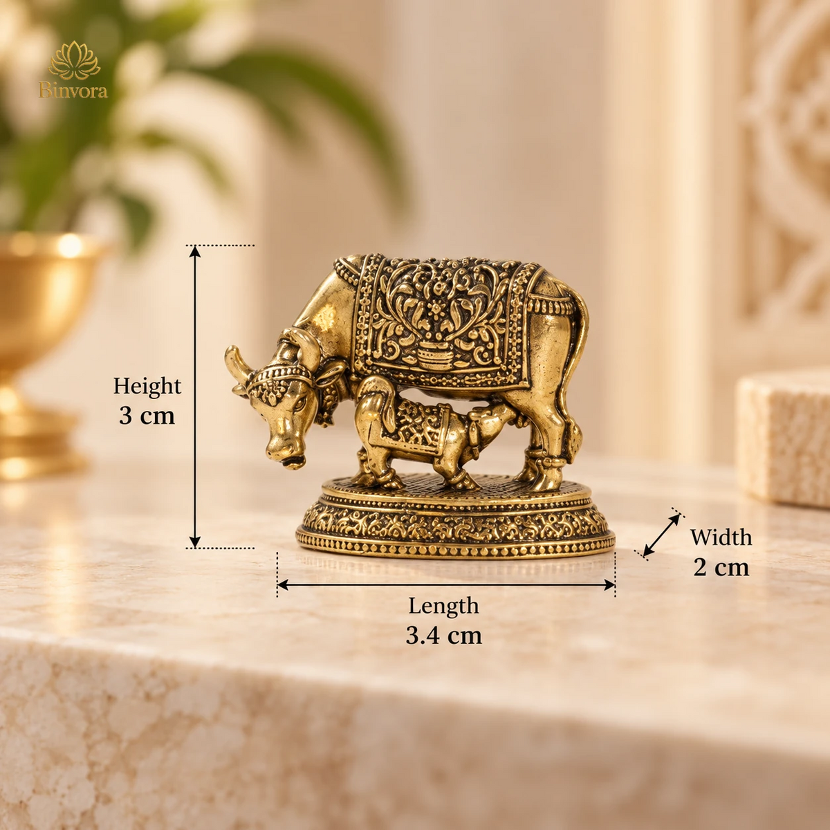 Kamdhenu Cow Brass Idol – Mini Decorative Statue for Prosperity & Home Décor - 3 cm Compact Idol