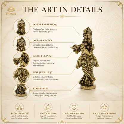 Antique Brass Lord Krishna Flute Idol – Perfect for Pooja, Home Décor & Spiritual Blessings