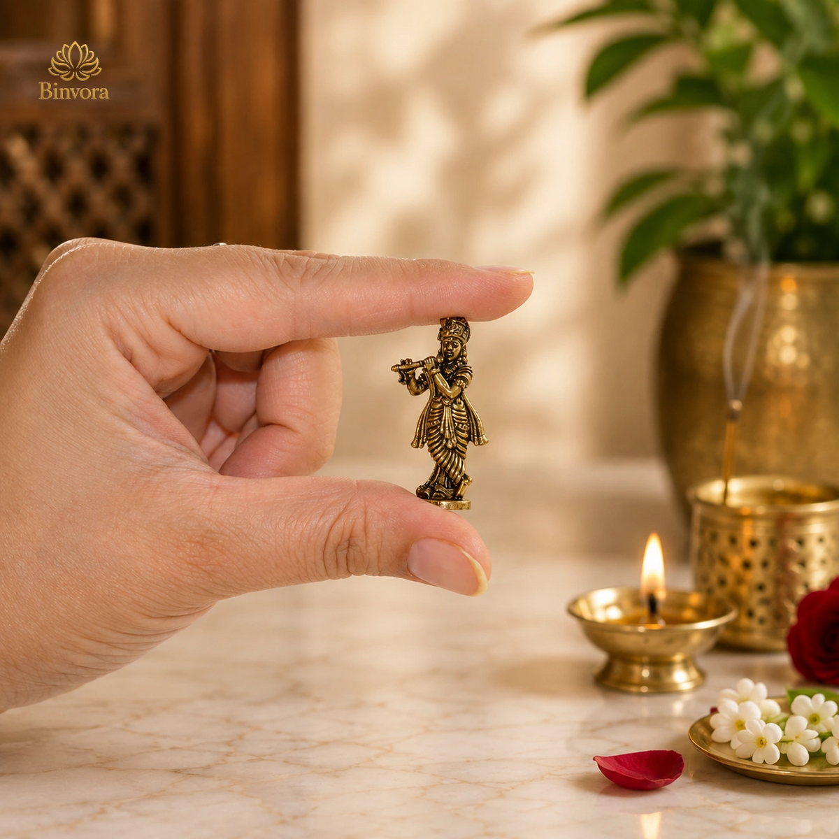 Antique Brass Lord Krishna Flute Idol – Perfect for Pooja, Home Décor & Spiritual Blessings