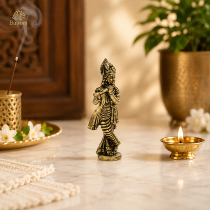 Antique Brass Lord Krishna Flute Idol – Perfect for Pooja, Home Décor & Spiritual Blessings