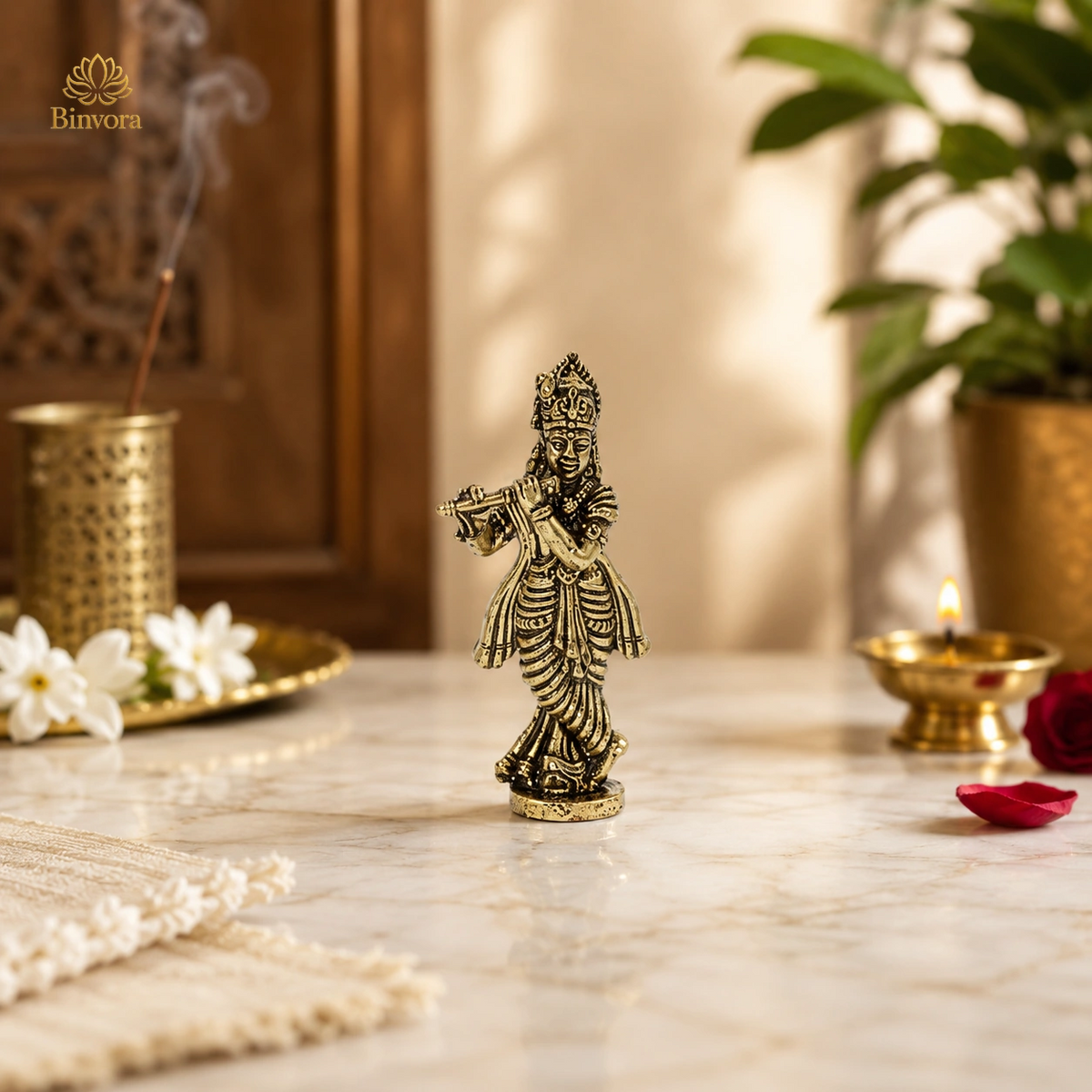 Antique Brass Lord Krishna Flute Idol – Perfect for Pooja, Home Décor & Spiritual Blessings