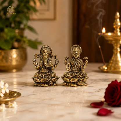 Mini Brass 1 Inch Lakshmi Ganesh Idol Set for Diwali Puja, Home Temple & Spiritual Décor