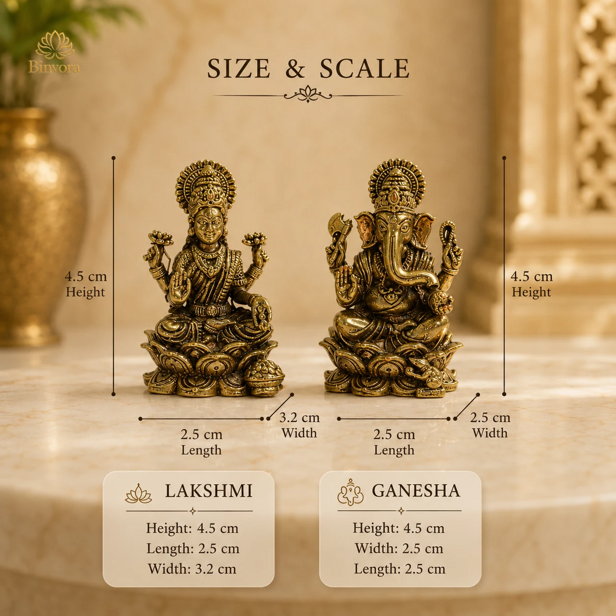 Pure Brass Lakshmi Ganesh Idol on Lotus – Handcrafted Murti for Home Temple, Office Decor, Vastu & Festive Gifting