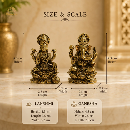 Pure Brass Lakshmi Ganesh Idol on Lotus – Handcrafted Murti for Home Temple, Office Decor, Vastu & Festive Gifting