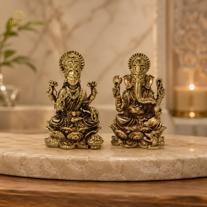 Pure Brass Lakshmi Ganesh Idol on Lotus – Handcrafted Murti for Home Temple, Office Decor, Vastu & Festive Gifting