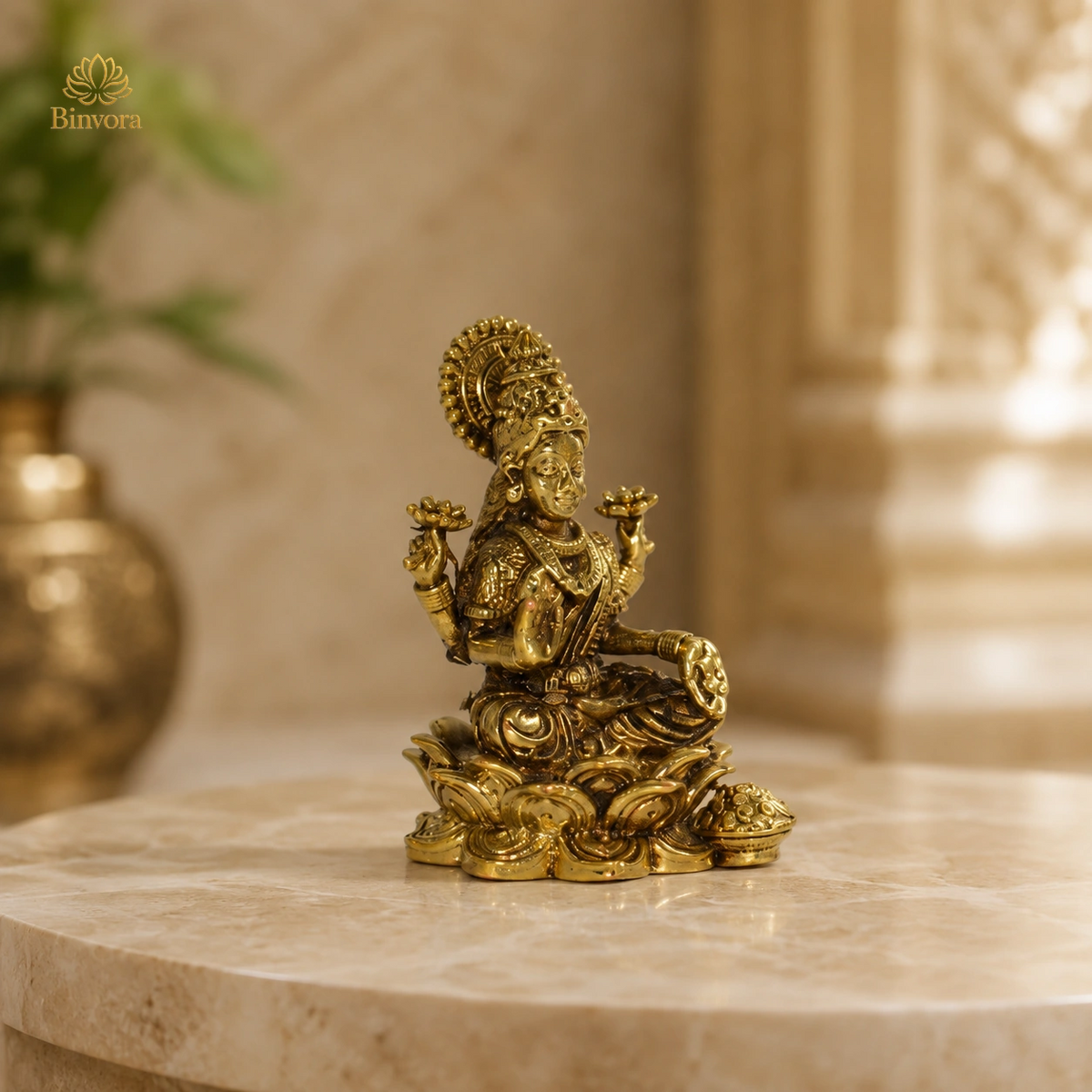Pure Brass Lakshmi Ganesh Idol on Lotus – Handcrafted Murti for Home Temple, Office Decor, Vastu & Festive Gifting