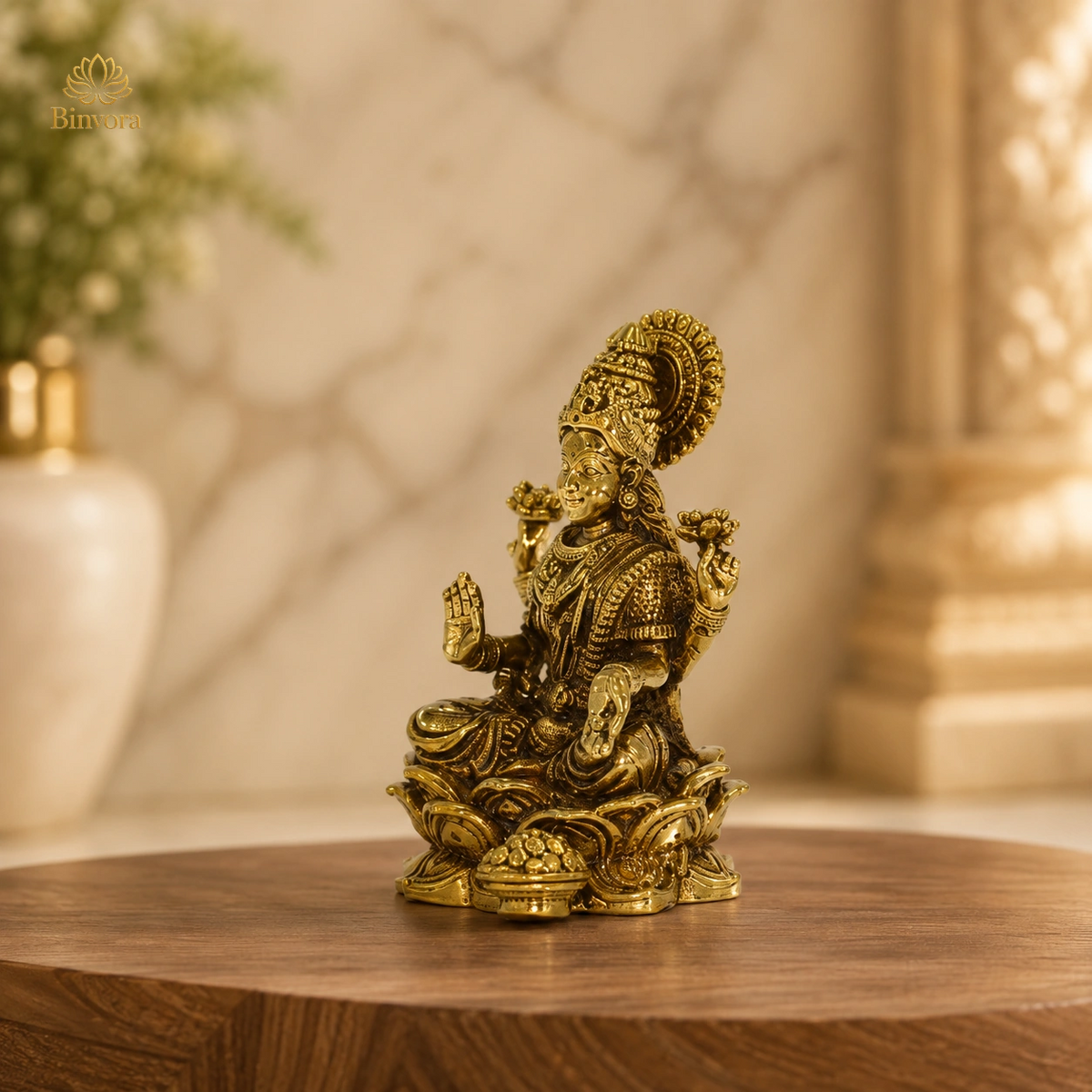 Pure Brass Lakshmi Ganesh Idol on Lotus – Handcrafted Murti for Home Temple, Office Decor, Vastu & Festive Gifting