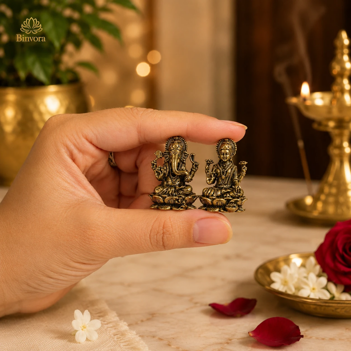Mini Brass 1 Inch Lakshmi Ganesh Idol Set for Diwali Puja, Home Temple & Spiritual Décor