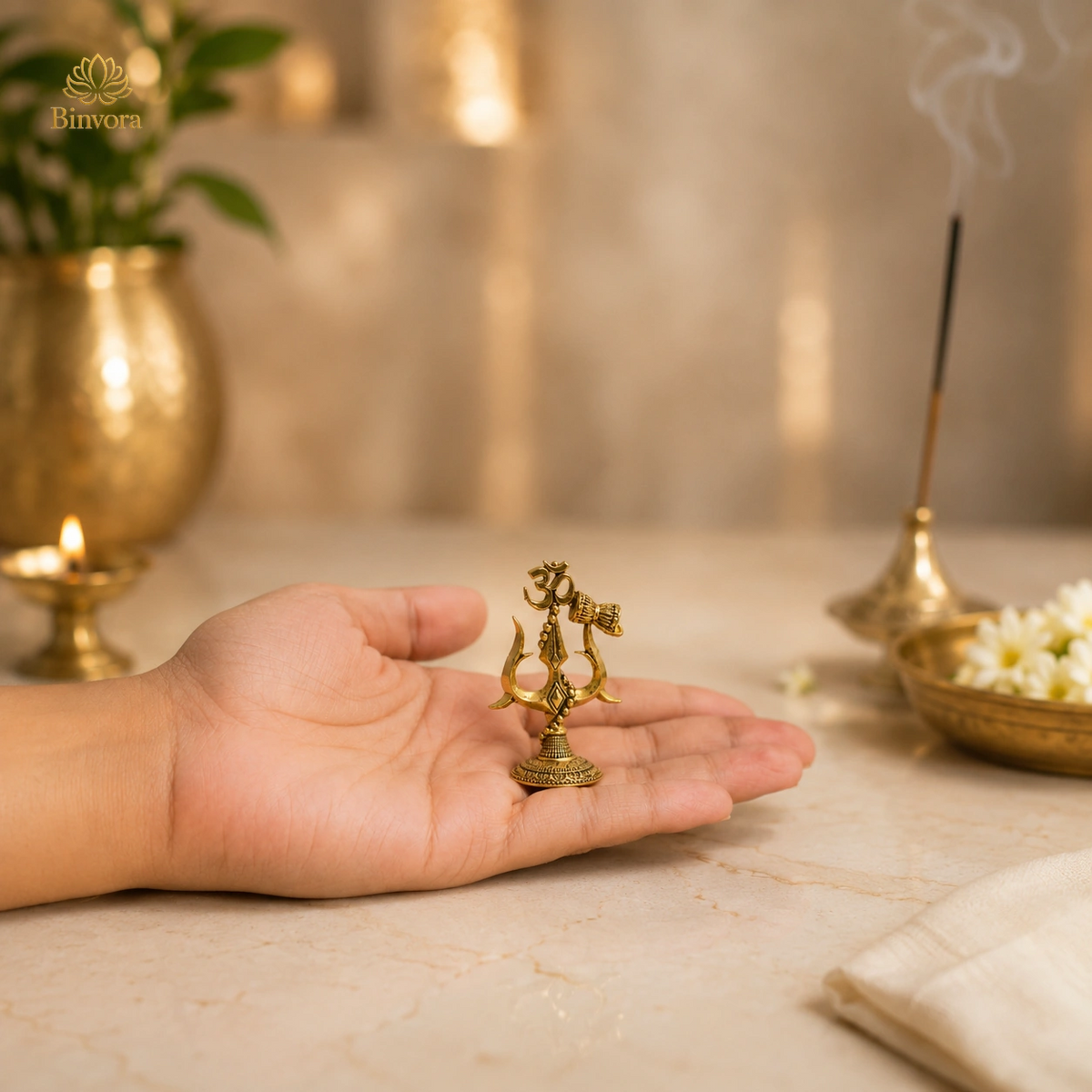 Pital 2 Inch Om (ॐ), Trishul with Damru – Pure Brass Shiva Symbol for Home Temple, Office & Spiritual Décor.