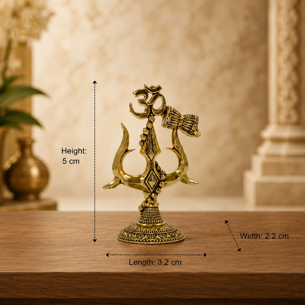 Pital 2 Inch Om (ॐ), Trishul with Damru – Pure Brass Shiva Symbol for Home Temple, Office & Spiritual Décor.
