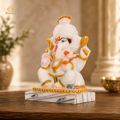 Glossy Dust Marble Ganesha Idol with Base |Home Temple, Pooja Decor, Gifting