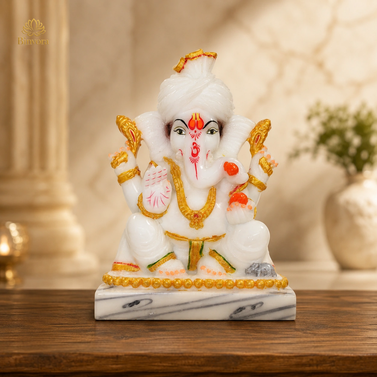 Glossy Dust Marble Ganesha Idol with Base |Home Temple, Pooja Decor, Gifting