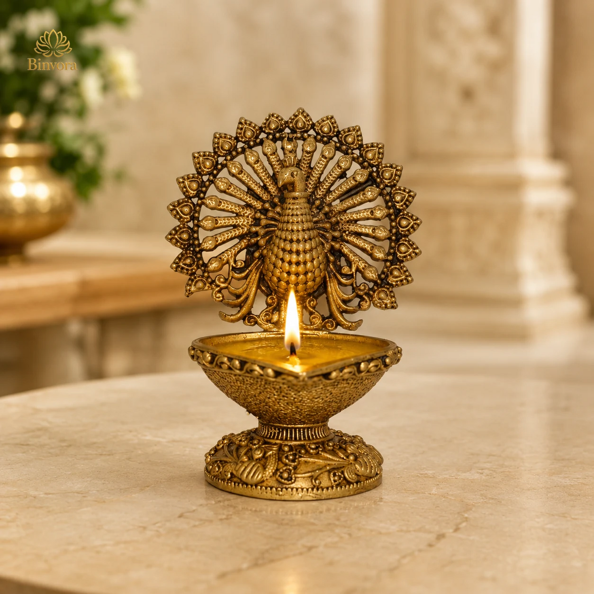 Handcrafted Pure Brass 2.7 Inch Peacock Diya – Traditional Oil Lamp for Pooja Room, Mandir, Diwali Décor & Housewarming Gifts