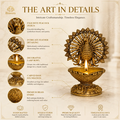 Handcrafted Pure Brass 2.7 Inch Peacock Diya – Traditional Oil Lamp for Pooja Room, Mandir, Diwali Décor & Housewarming Gifts