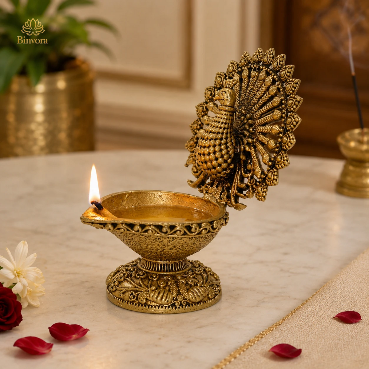 Handcrafted Pure Brass 2.7 Inch Peacock Diya – Traditional Oil Lamp for Pooja Room, Mandir, Diwali Décor & Housewarming Gifts