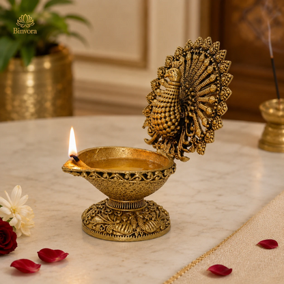 Handcrafted Pure Brass 2.7 Inch Peacock Diya – Traditional Oil Lamp for Pooja Room, Mandir, Diwali Décor & Housewarming Gifts
