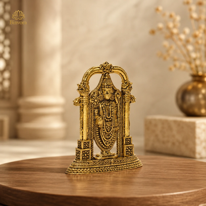 Handcrafted Brass Tirupati Balaji Idol with Ornate Arch | Lord Venkateswara Statue for Home Temple, Pooja, Vastu & Housewarming Gift