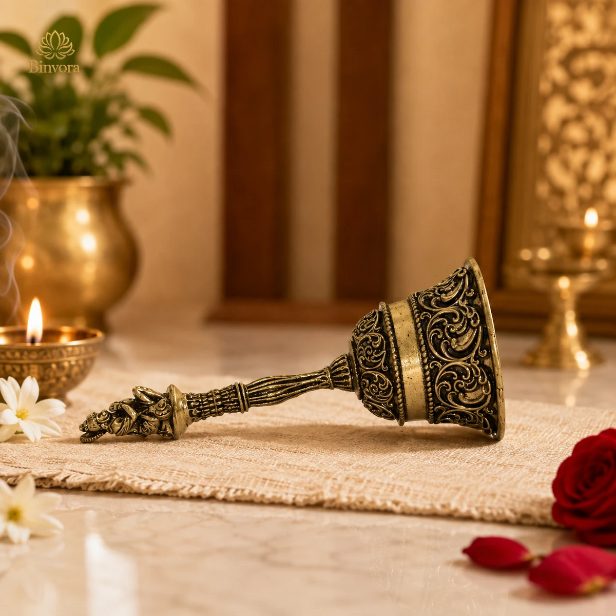 Antique Brass 4 Inch  Lord Hanuman Hand Bell – Traditional Pooja Bell | Spiritual Décor | Gifting.