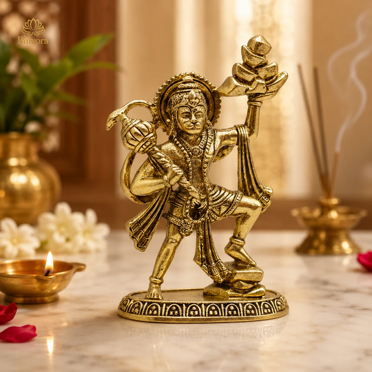 Handcrafted Brass Lord Hanuman Idol With Sanjeevani Parvat | Bajrangbali Statue for Home Temple, Pooja & Vastu Décor