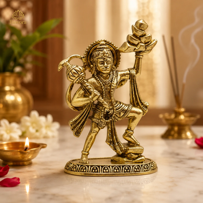 Handcrafted Brass 2.3Inch Lord Hanuman Idol With Sanjeevani Parvat | Bajrangbali Statue for Home Temple, Pooja & Vastu Décor