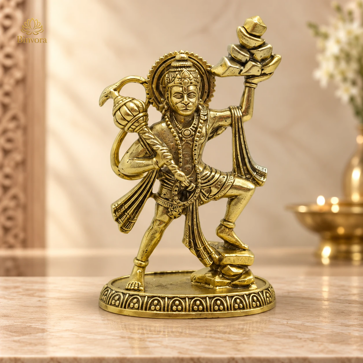 Handcrafted Brass 2.1 Inch Lord Hanuman Idol With Sanjeevani Parvat | Bajrangbali Statue for Home Temple, Pooja & Vastu Décor