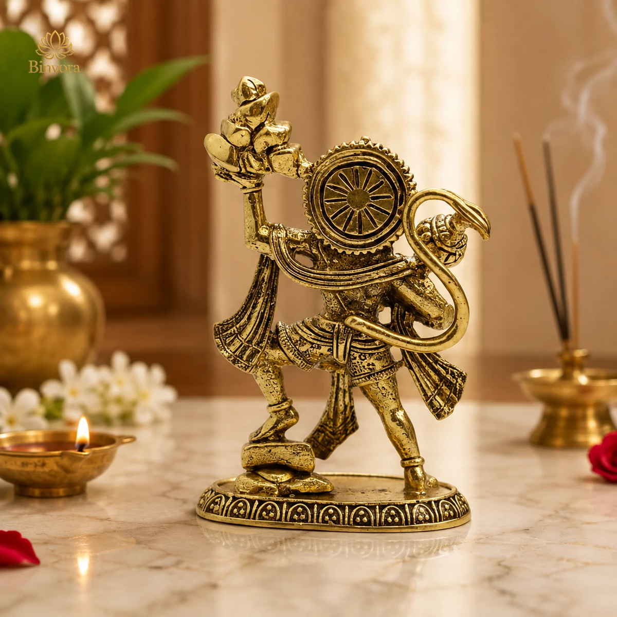 Handcrafted Brass 2.3Inch Lord Hanuman Idol With Sanjeevani Parvat | Bajrangbali Statue for Home Temple, Pooja & Vastu Décor