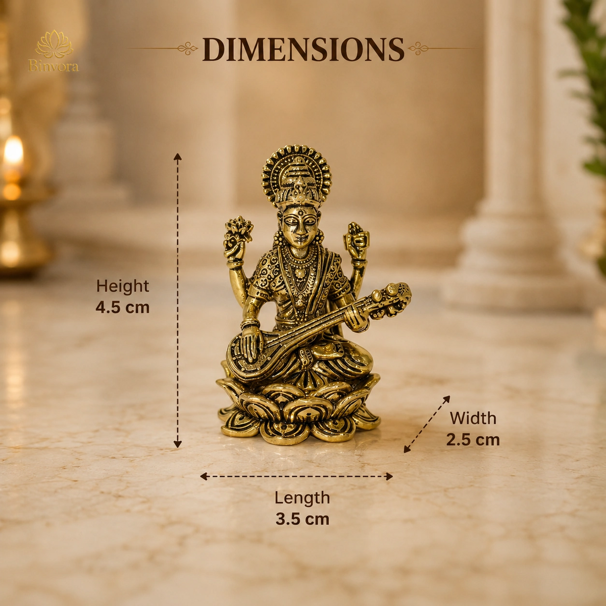 Brass Goddess Saraswati Idol – 1.7 Inch Pital Ki Murti for Study Table, Home Temple & Office Decor