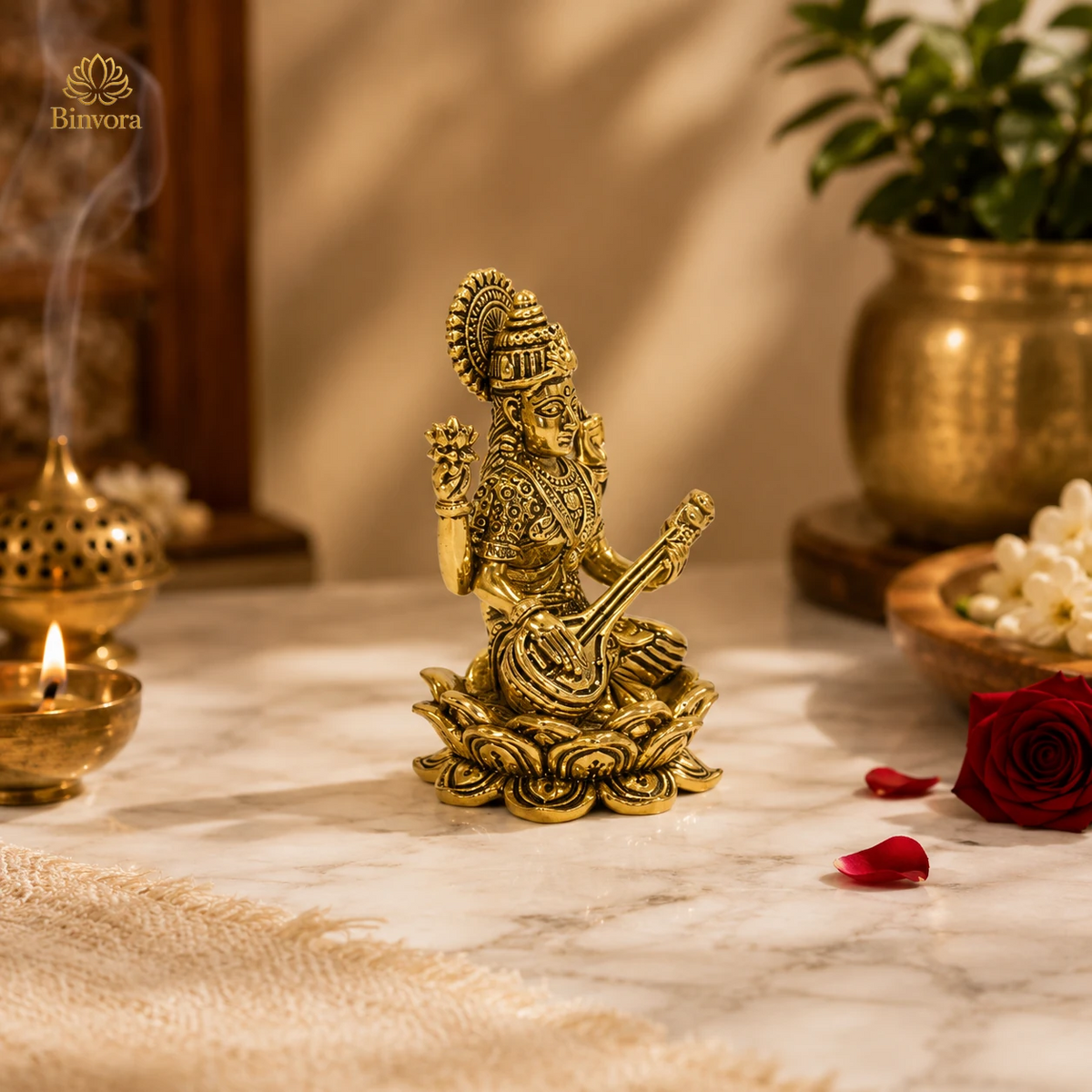 Brass Goddess Saraswati Idol – 1.7 Inch Pital Ki Murti for Study Table, Home Temple & Office Decor